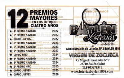 Reverso del d&eacute;cimo 00740 con el sello de la Administraci&oacute;n n&ordm; 2 &laquo;Bayl&eacute;n 1808 - Virgen de Zocueca&raquo;, en Bail&eacute;n